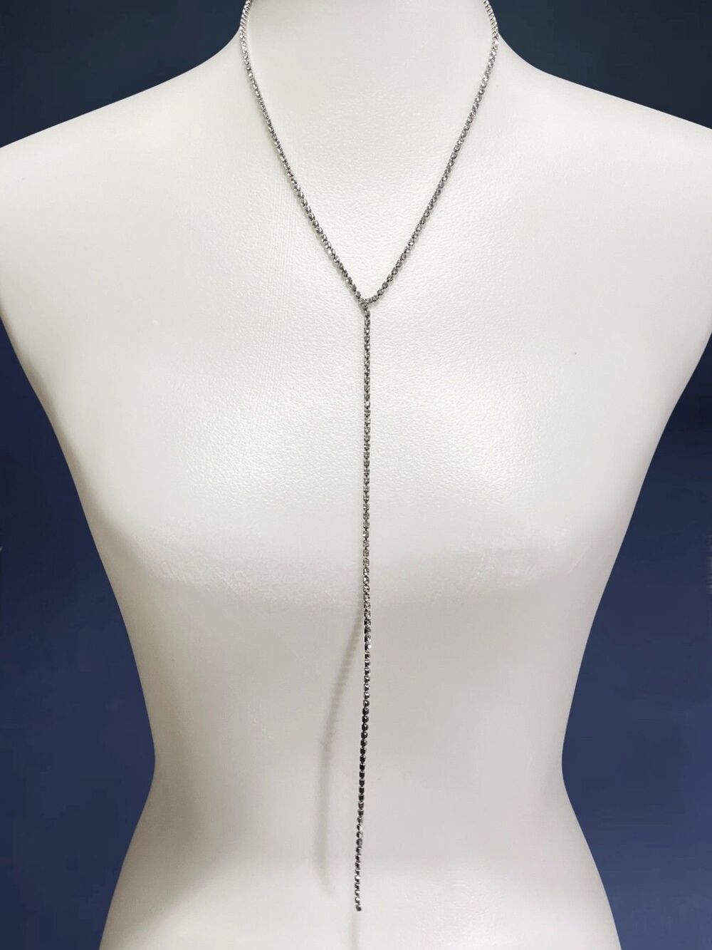 Lariat Style Necklace Rhinestone Long Y Drop Silver Tone Chain Evening Sexy